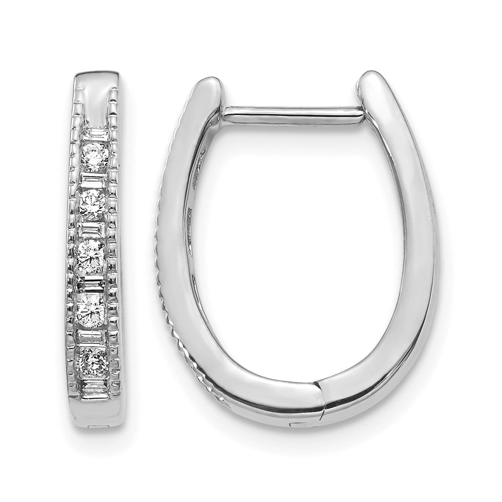 14k White Gold 1/4 carat Round/Baguette Diamond Oval Hinged Hoop Earrings, 0.216 ct, 16 x 3 mm