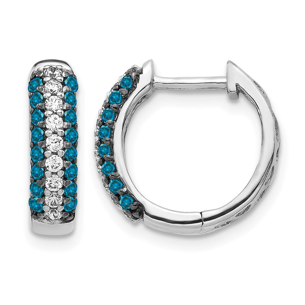 14k White Gold 3-row 1/2 carat White/Blue Diamond Hinged Hoop Earrings, 0.548 ct, 14 x 14 mm