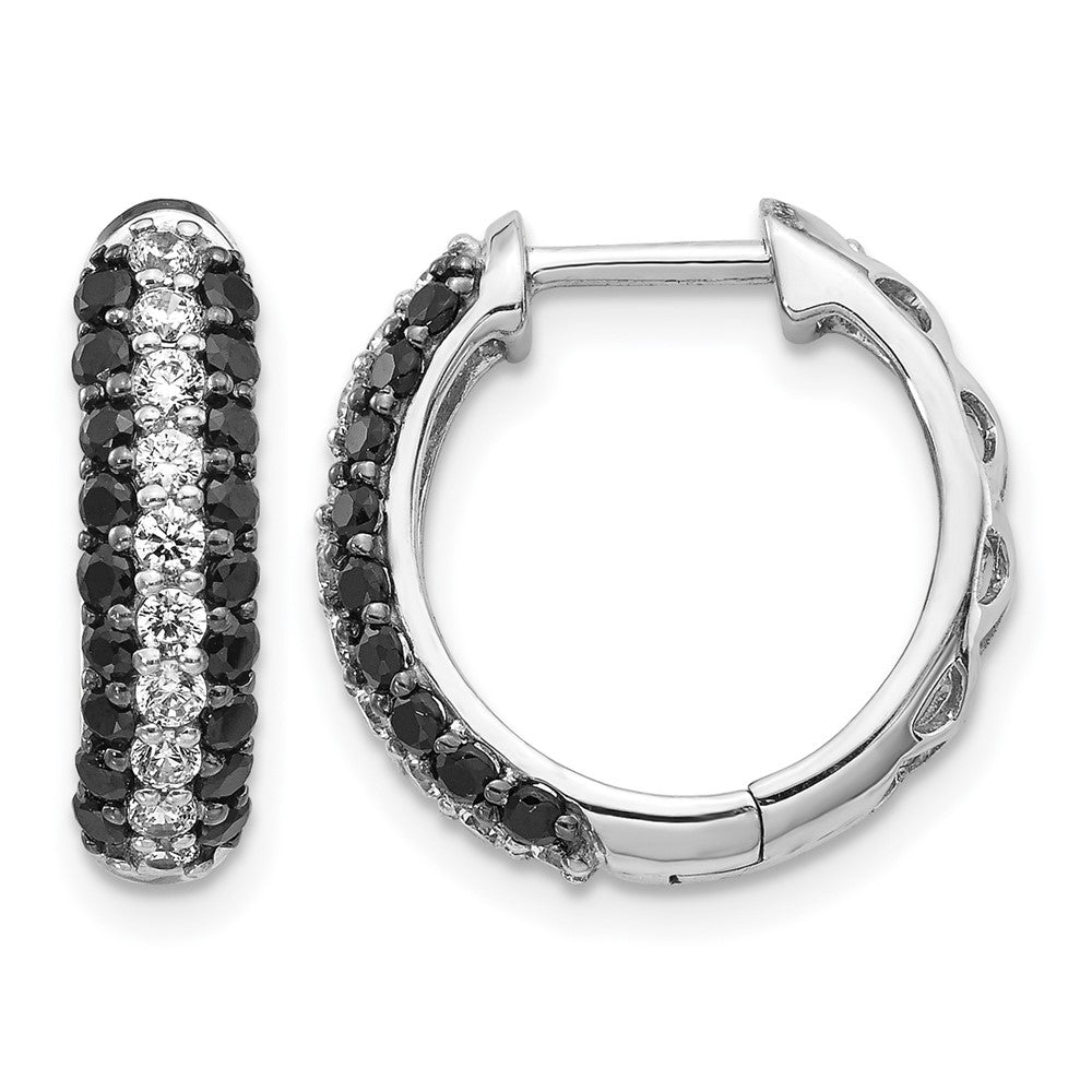 14k White Gold 3-row 1 carat White/Black Diamond Hinged Hoop Earrings, 1.04 ct, 16 x 3.5 mm