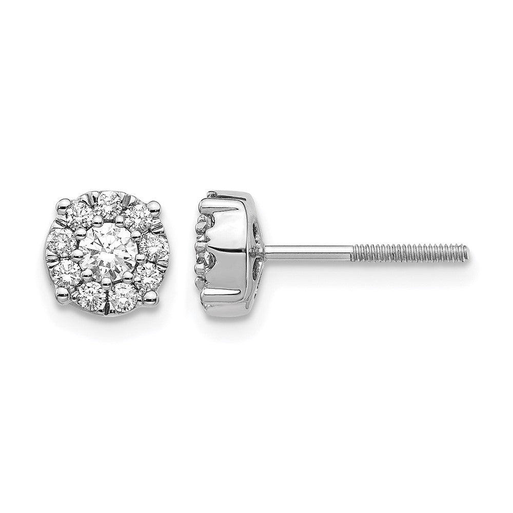 14k White Gold 1/2 carat Diamond Halo Cluster Screwback Post Earrings, 0.53 ct, 6 x 6 mm