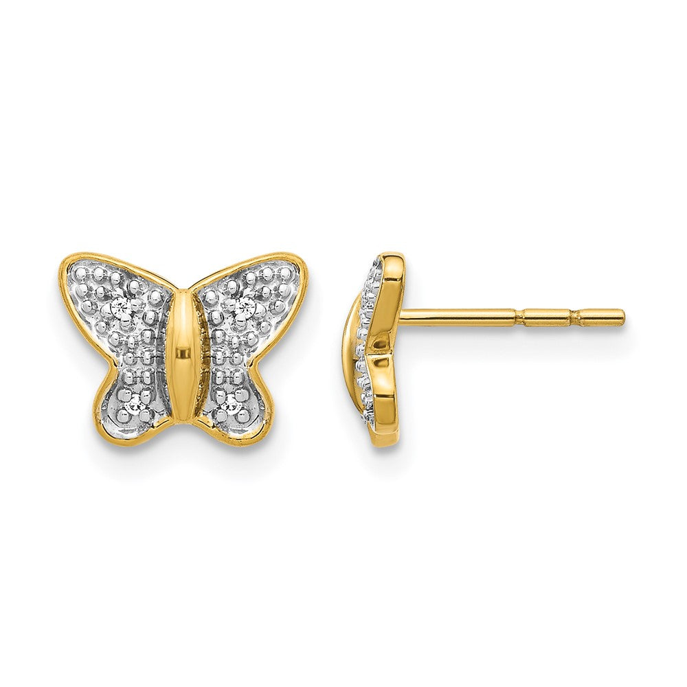 14k and White Rhodium Diamond Butterfly Post Earrings, 0.024 ct, 8 x 10 mm