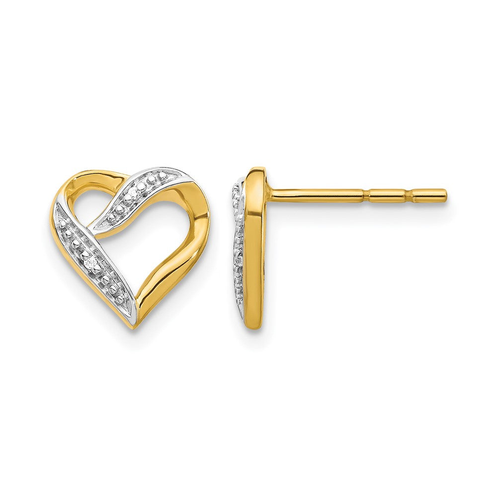 14k and White Rhodium Diamond Heart Post Earrings, 0.012 ct, 9 x 10 mm
