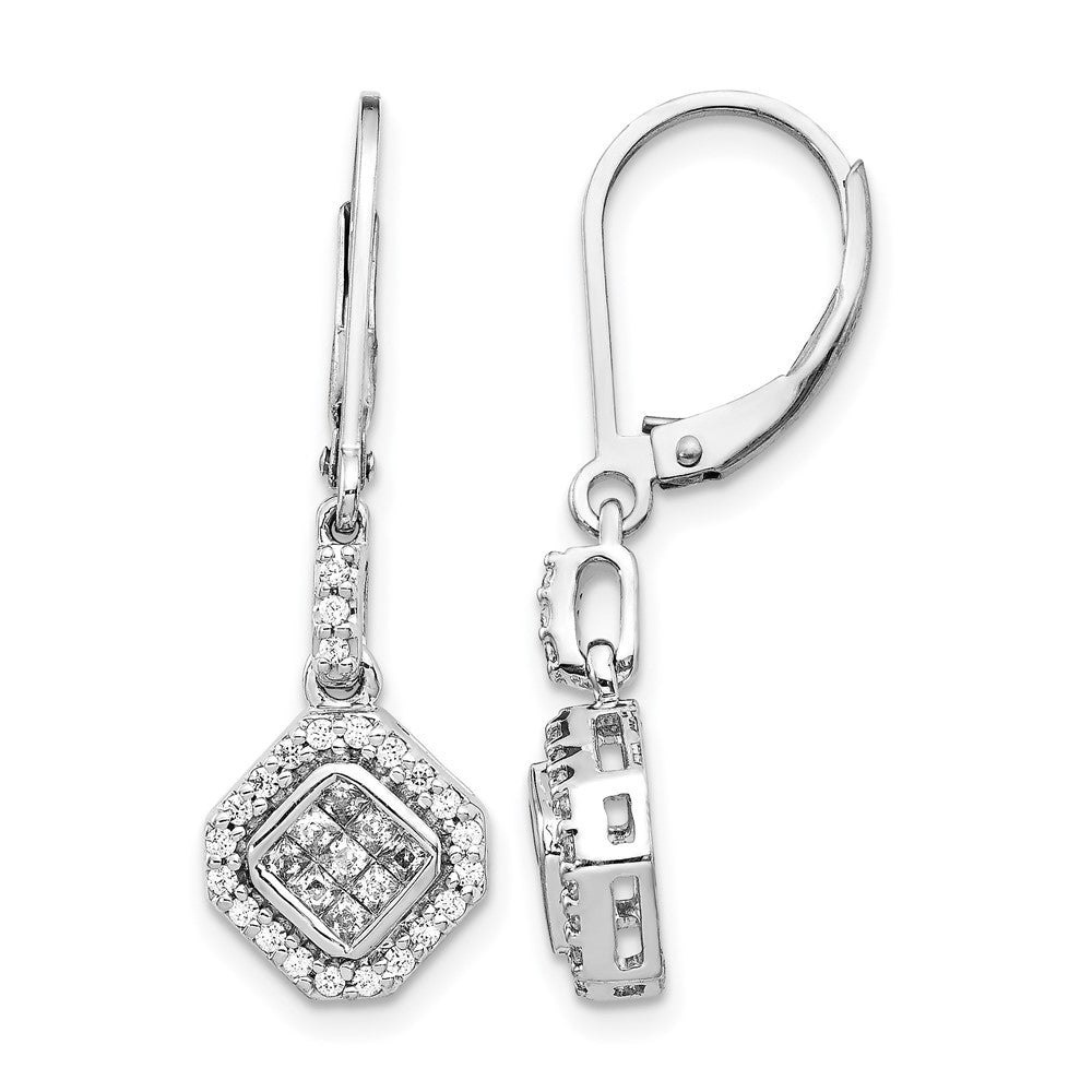 14k White Gold 1/2 carat Diamond Square Cluster Leverback Earrings, 0.5 ct, 27 x 9 mm