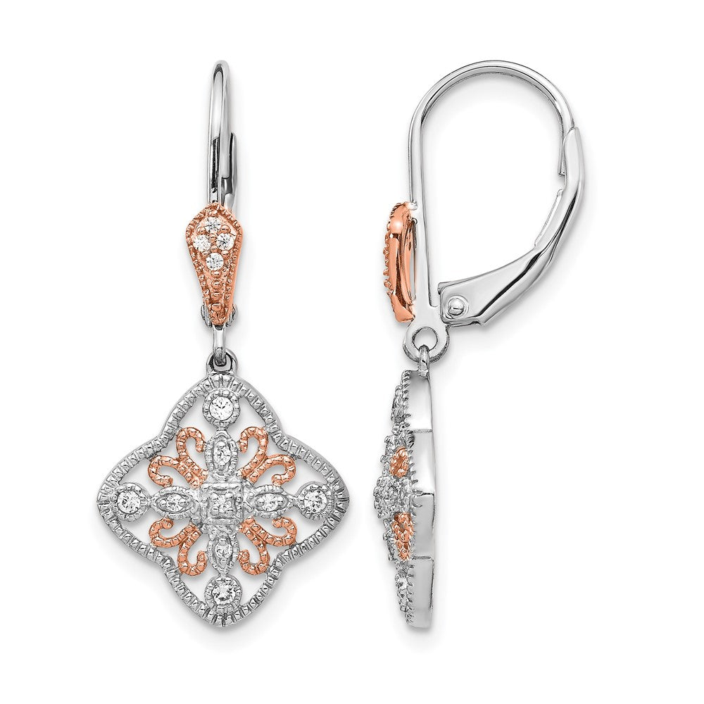 14k White Gold with Rose Rhodium 1/8 carat Diamond Leverback Earrings, 0.13 ct, 28 x 13 mm