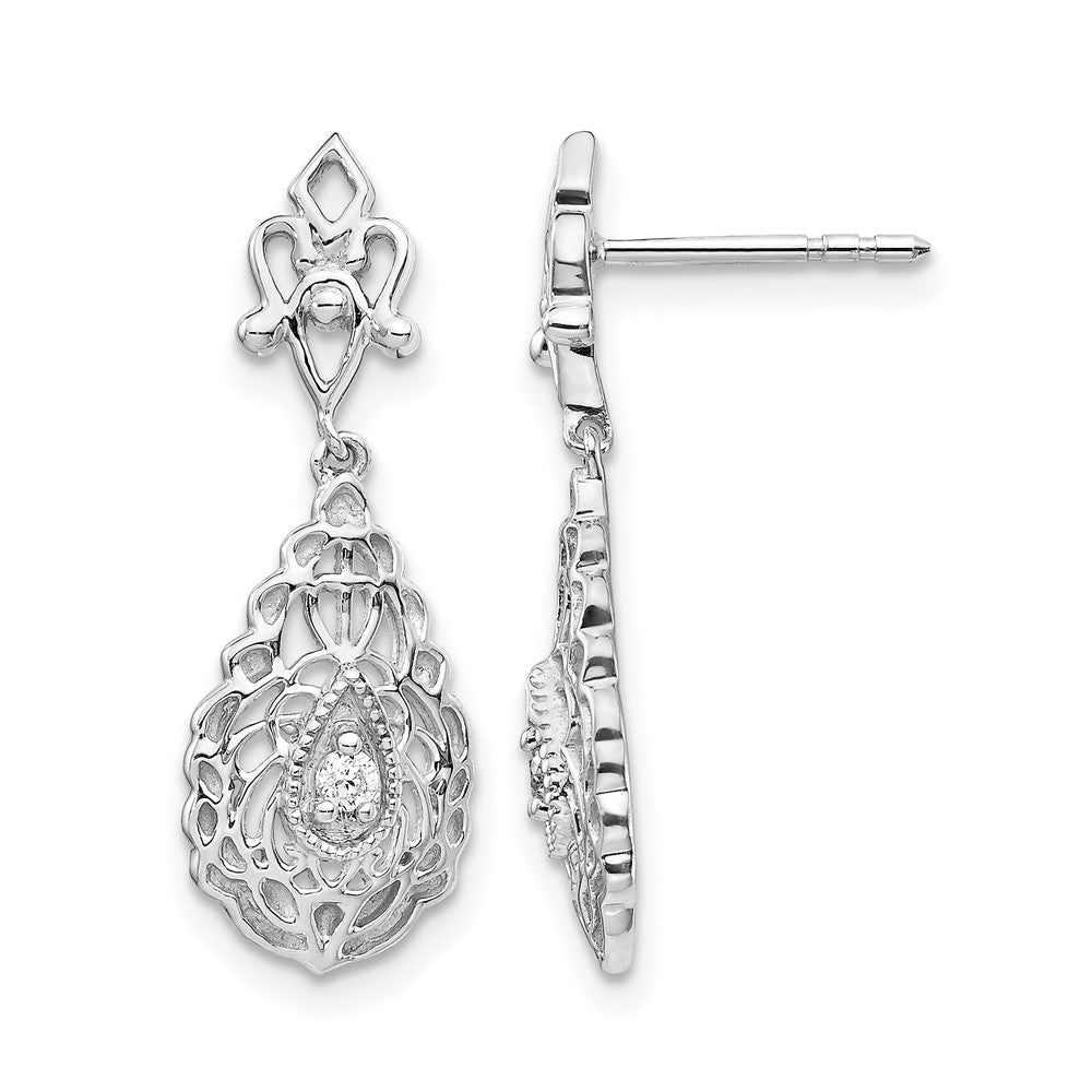14k White Gold 1/20 carat Diamond Teardrop Vintage-style Dangle Post Earrings, 0.06 ct, 24 x 8 mm