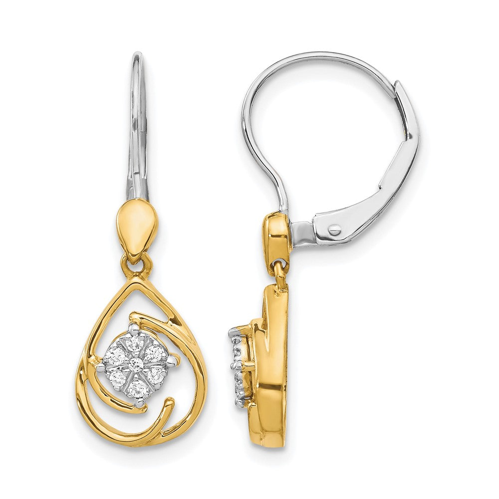 14k Two-tone 1/15 carat Diamond Teardrop Dangle Leverback Earrings, 0.08 ct, 25 x 8 mm