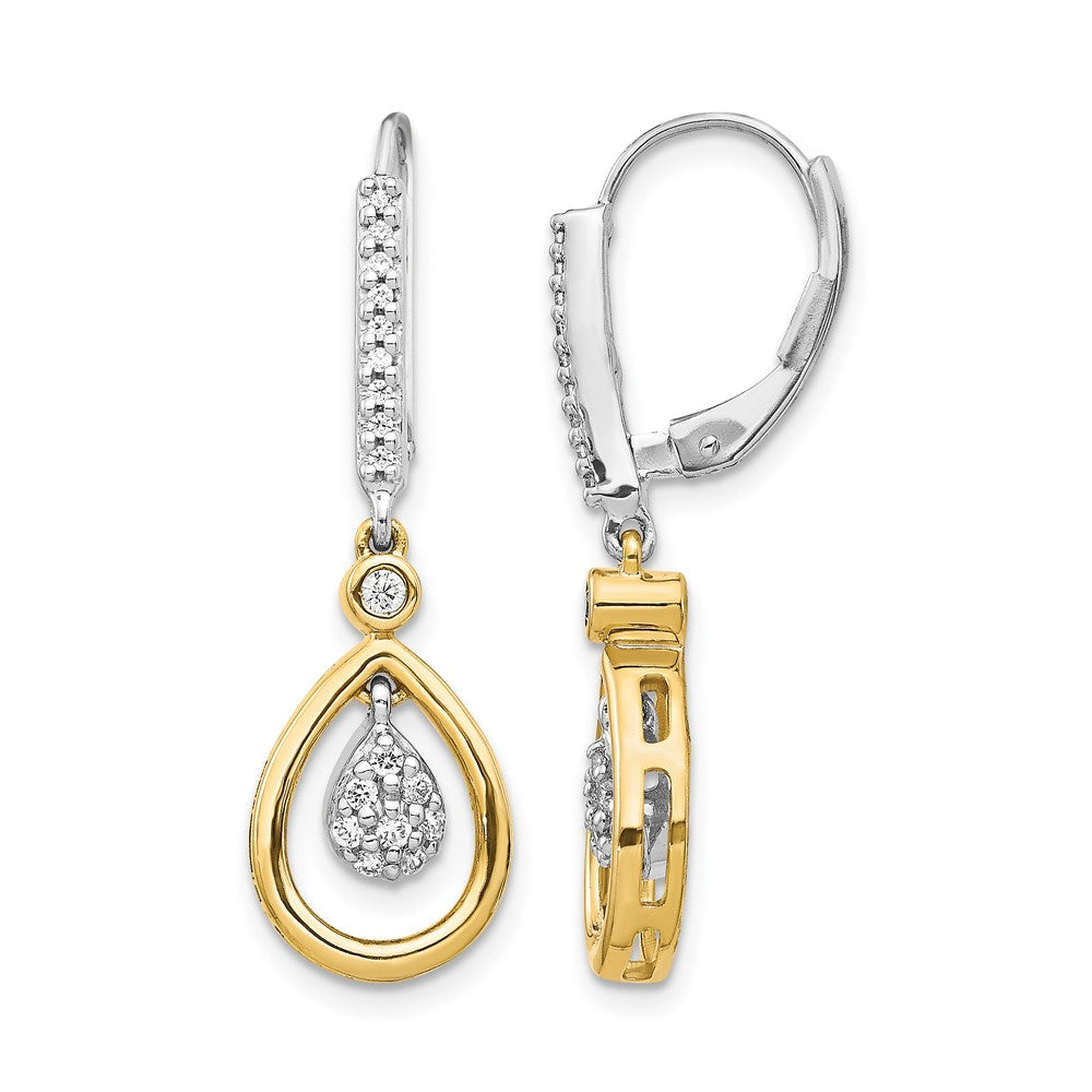 14k Two-tone Oval Cluster 1/4 carat Diamond Leverback Earrings, 0.248 ct, 31 x 9 mm