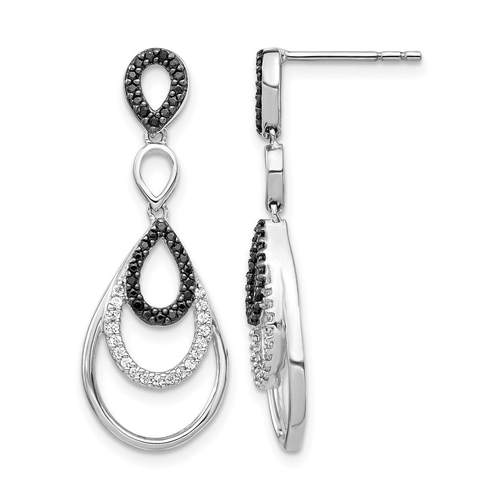 14k White Gold 3/8 carat Black and White Diamond Teardrop Dangle Post Earrings, 0.4 ct, 31 x 11 mm