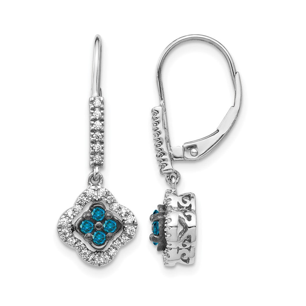 14k White Gold 3/8 carat White and Blue Diamond Dangle Leverback Earrings, 0.394 ct, 26 x 9 mm