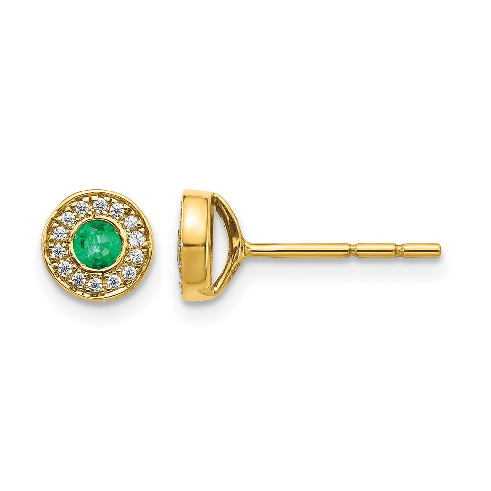 14k 2.8mm Round Emerald and Diamond Halo Post Earrings, 0.285 ct, 6 x 6 mm