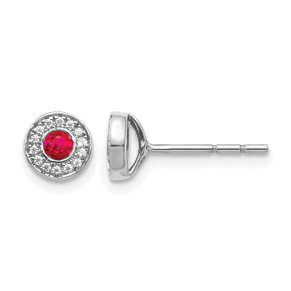 14k White Gold 2.8mm Round Ruby and Diamond Halo Post Earrings, 0.3 ct, 6 x 6 mm