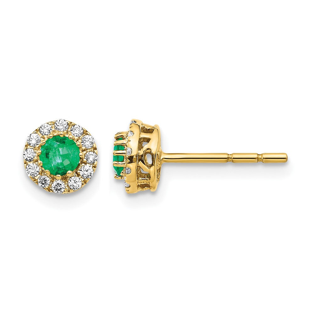 14k White Gold 3.5mm Round Blue Emerald and Diamond Halo Post Earrings, 0.568 ct, 6 x 6 mm