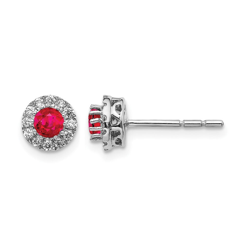 14k White Gold 3.5mm Round Blue Ruby and Diamond Halo Post Earrings, 0.568 ct, 7 x 7 mm