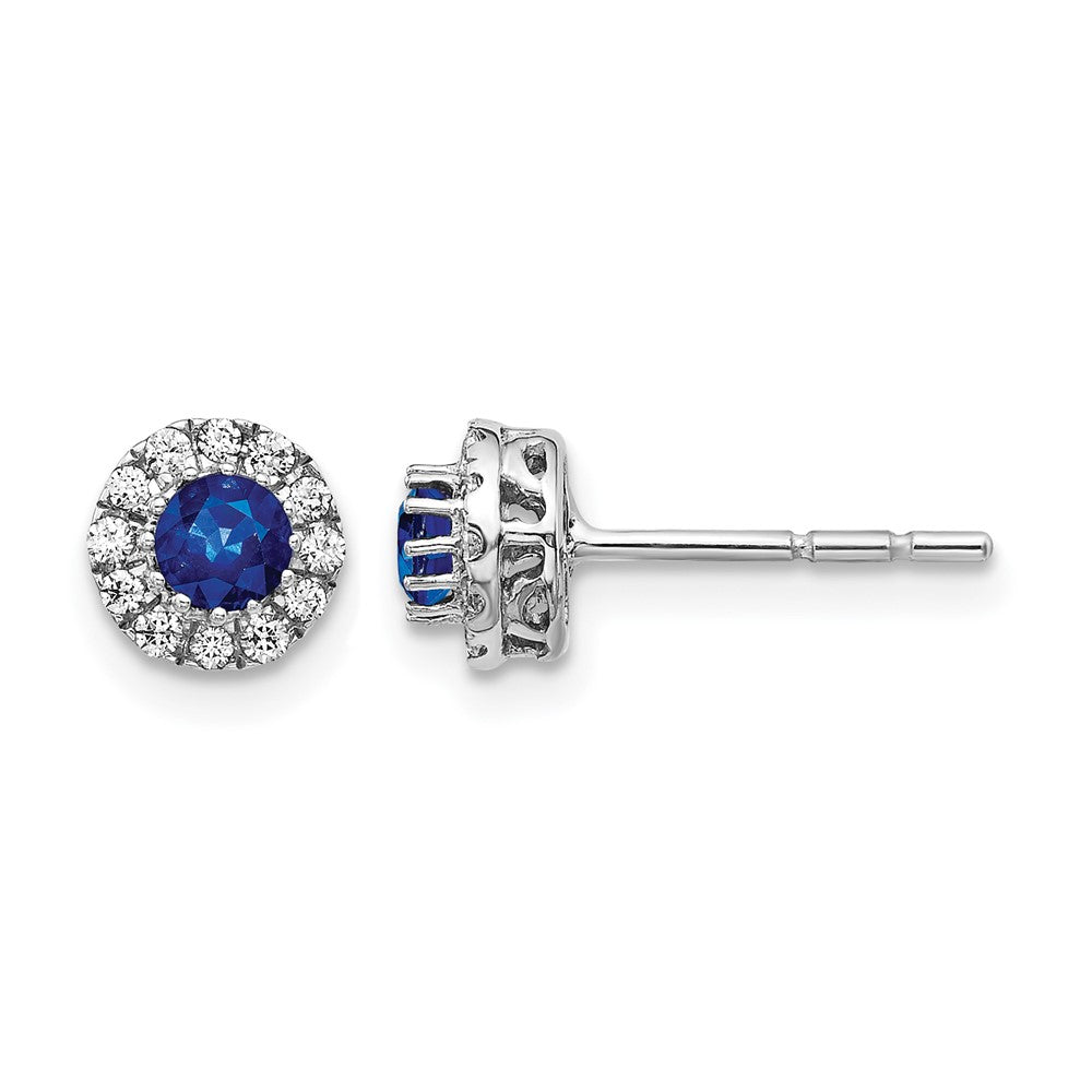 14k White Gold 3.5mm Round Blue Sapphire and Diamond Halo Post Earrings, 0.968 ct, 6 x 6 mm