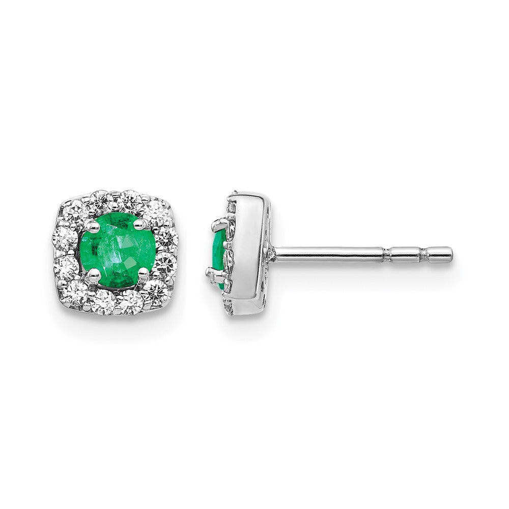 14k White Gold 3.7mm Round Emerald and Diamond Square Halo Post Earrings, 0.616 ct, 6 x 6 mm