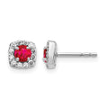 14k White Gold 3.7mm Round Ruby and Diamond Square Halo Post Earrings, 0.696 ct, 6 x 6 mm