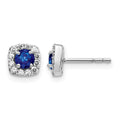 14k White Gold 3.7mm Round Sapphire and Diamond Square Halo Post Earrings, 1.176 ct, 6 x 6 mm