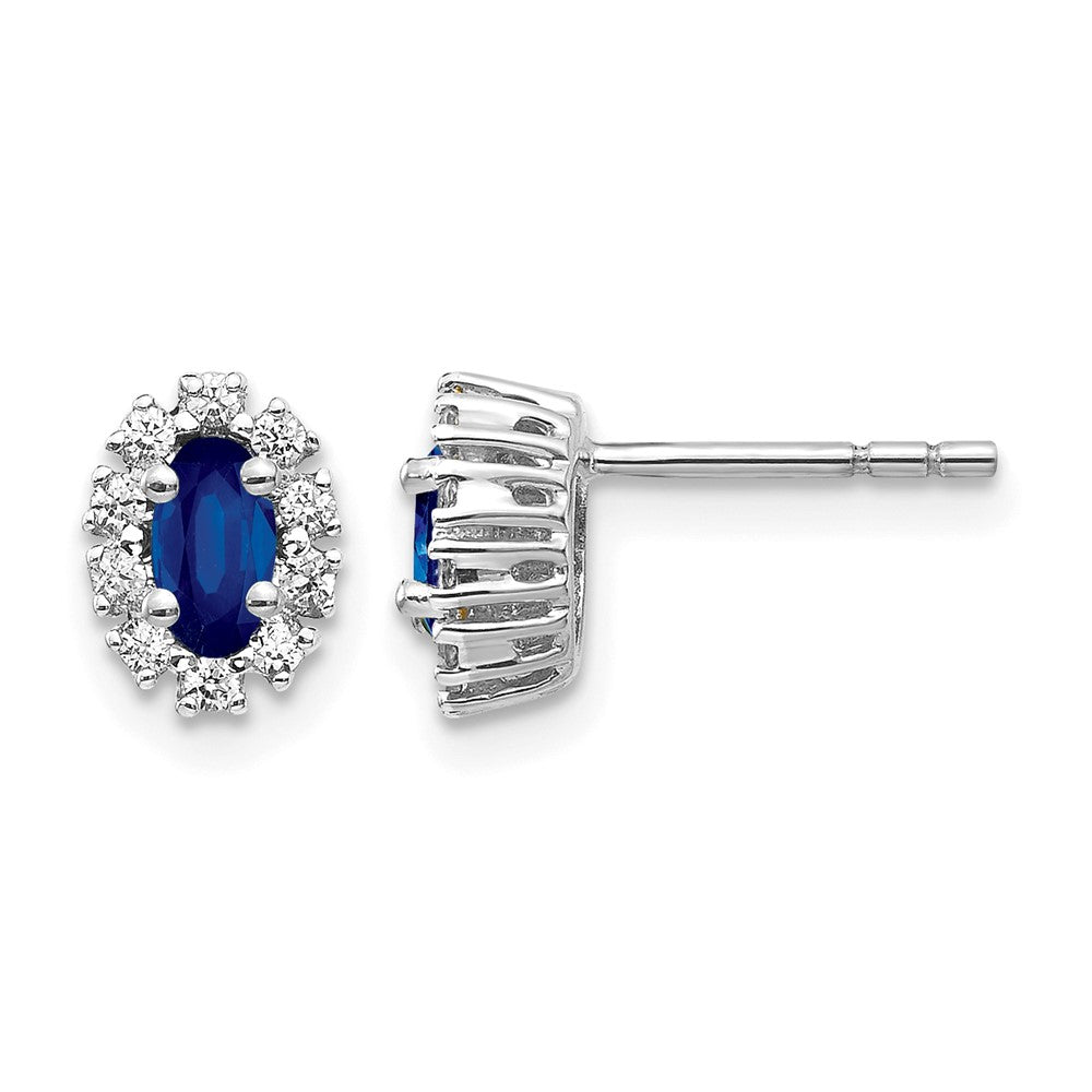 14k White Gold 1/5 carat Lab Grown Diamond VS/SI+ G+ and Oval Created Sapphire Halo Post Earrings, 0.86 ct, 6.25 x 6.25 mm