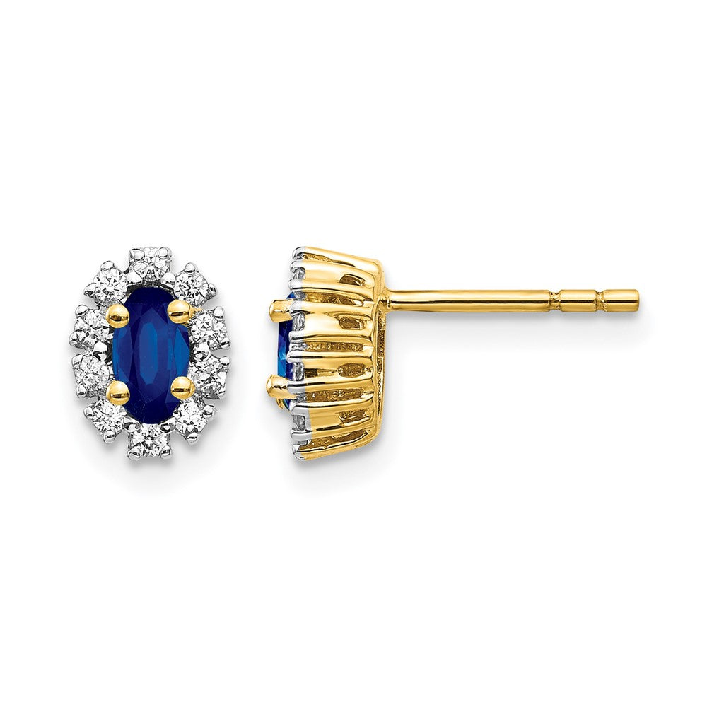 14k 1/5 carat Lab Grown Diamond VS/SI+ G+ and Oval Created Sapphire Halo Post Earrings, 0.86 ct, 6.25 x 6.25 mm