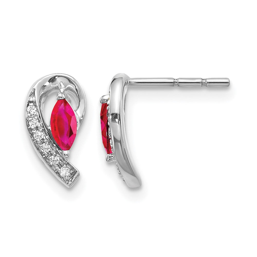 14k White Gold 5x2.5mm Marquise Ruby and Diamond Curved Post Earrings, 0.368 ct, 10 x 4 mm