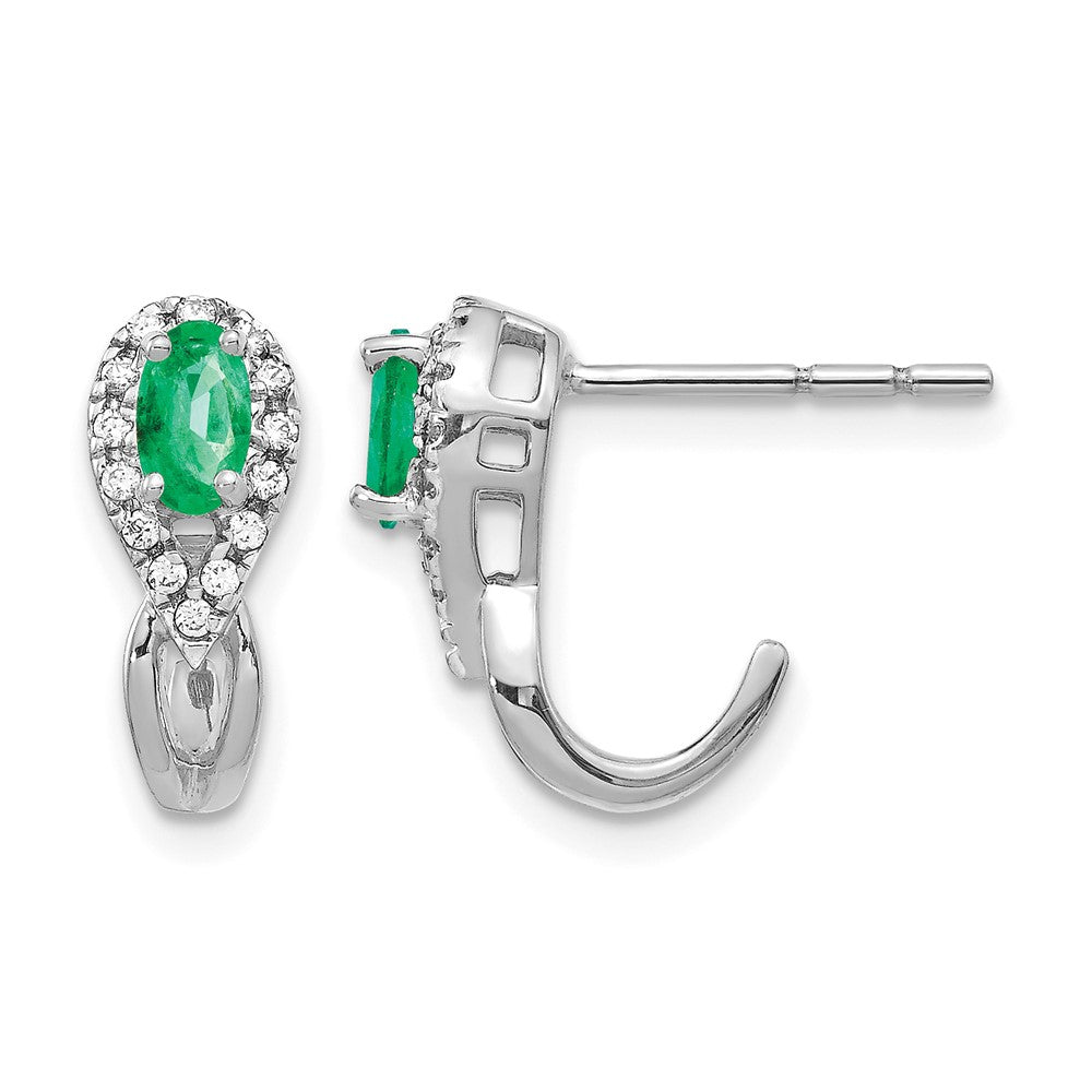 14k White Gold 5x3mm Oval Emerald and Diamond J-Hoop Post Earrings, 0.53 ct, 14 x 5 mm