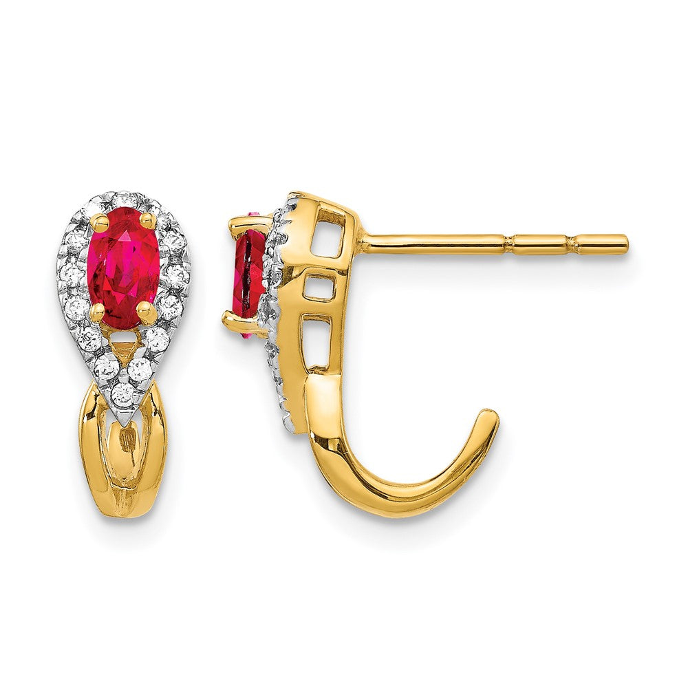 14k 5x3mm Oval Ruby and Diamond J-Hoop Post Earrings, 0.71 ct, 14 x 5 mm