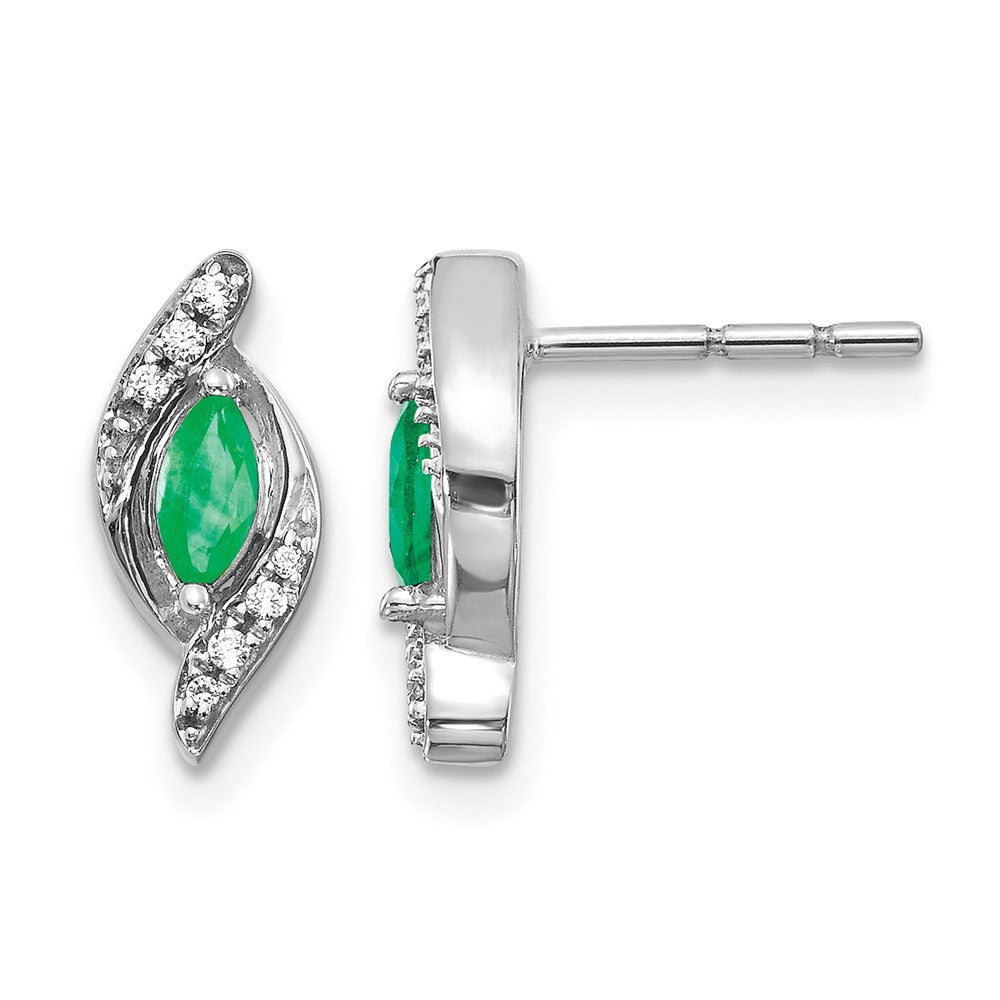 14k White Gold 5x2.5mm Marquise Emerald and Diamond Post Earrings, 0.43 ct, 13 x 5 mm