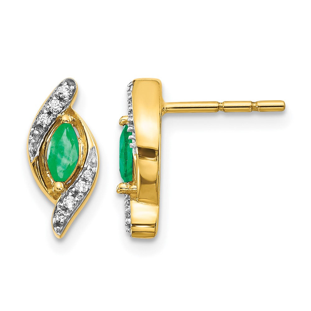 14k 5x2.5mm Marquise Emerald and Diamond Post Earrings, 0.43 ct, 13 x 5 mm