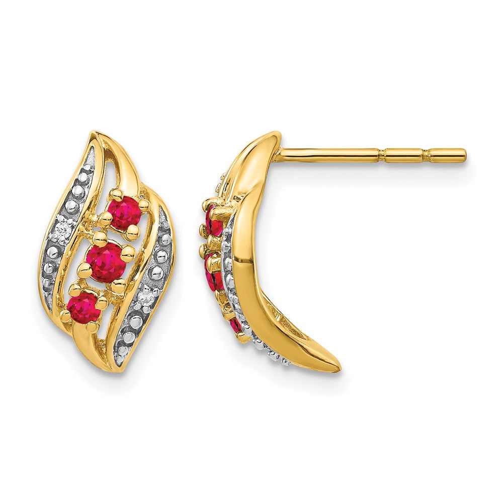 14k Polished Siam Ruby and Diamond Curve Post Earrings, 0.026 ct, 14 x 8 mm