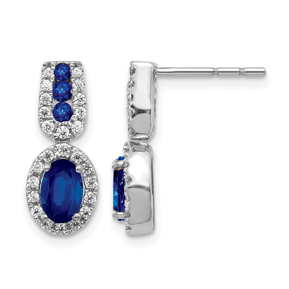 14k White Gold 6x4mm Oval Sapphire and Diamond Halo Post Earrings, 0.32 ct, 18 x 7 mm