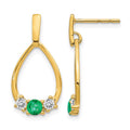 14k Emerald and White Sapphire Teardrop Post Dangle Earrings, 0.56 ct, 22 x 11 mm