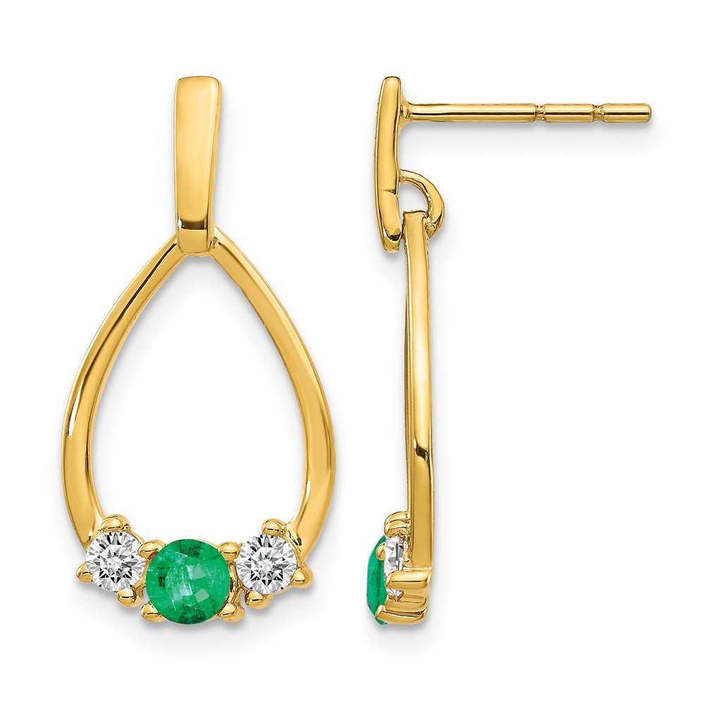 14k Emerald and White Sapphire Teardrop Post Dangle Earrings, 0.56 ct, 22 x 11 mm