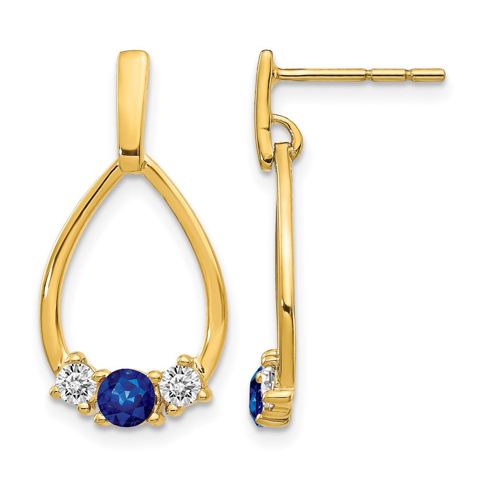 14k  Blue and White Sapphire Teardrop Post Dangle Earrings, 1.1 ct, 22 x 11 mm