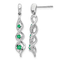 14k White Gold Diamond and Emerald Twisted Post Dangle Earrings, 0.126 ct, 30 x 6 mm