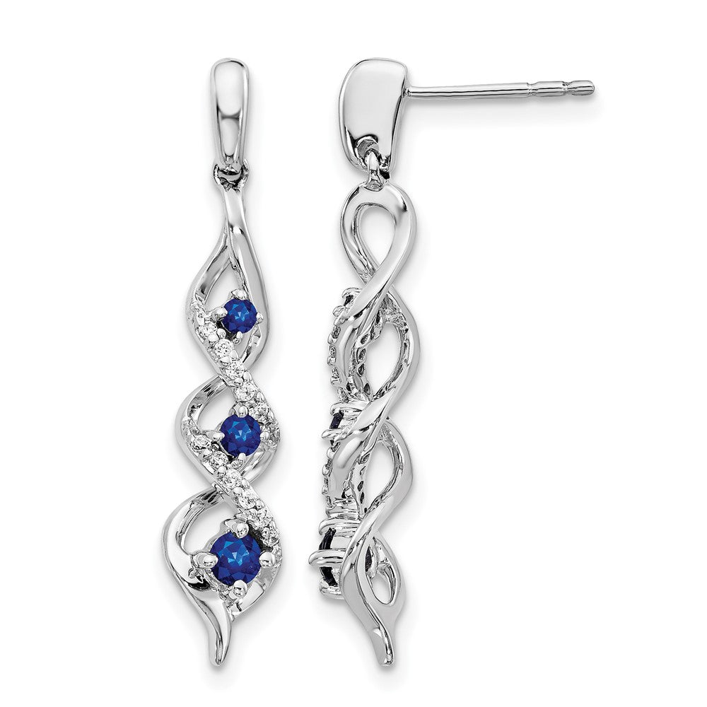 14k White Gold Diamond and Blue Sapphire Twisted Post Dangle Earrings, 0.132 ct, 34 x 5 mm