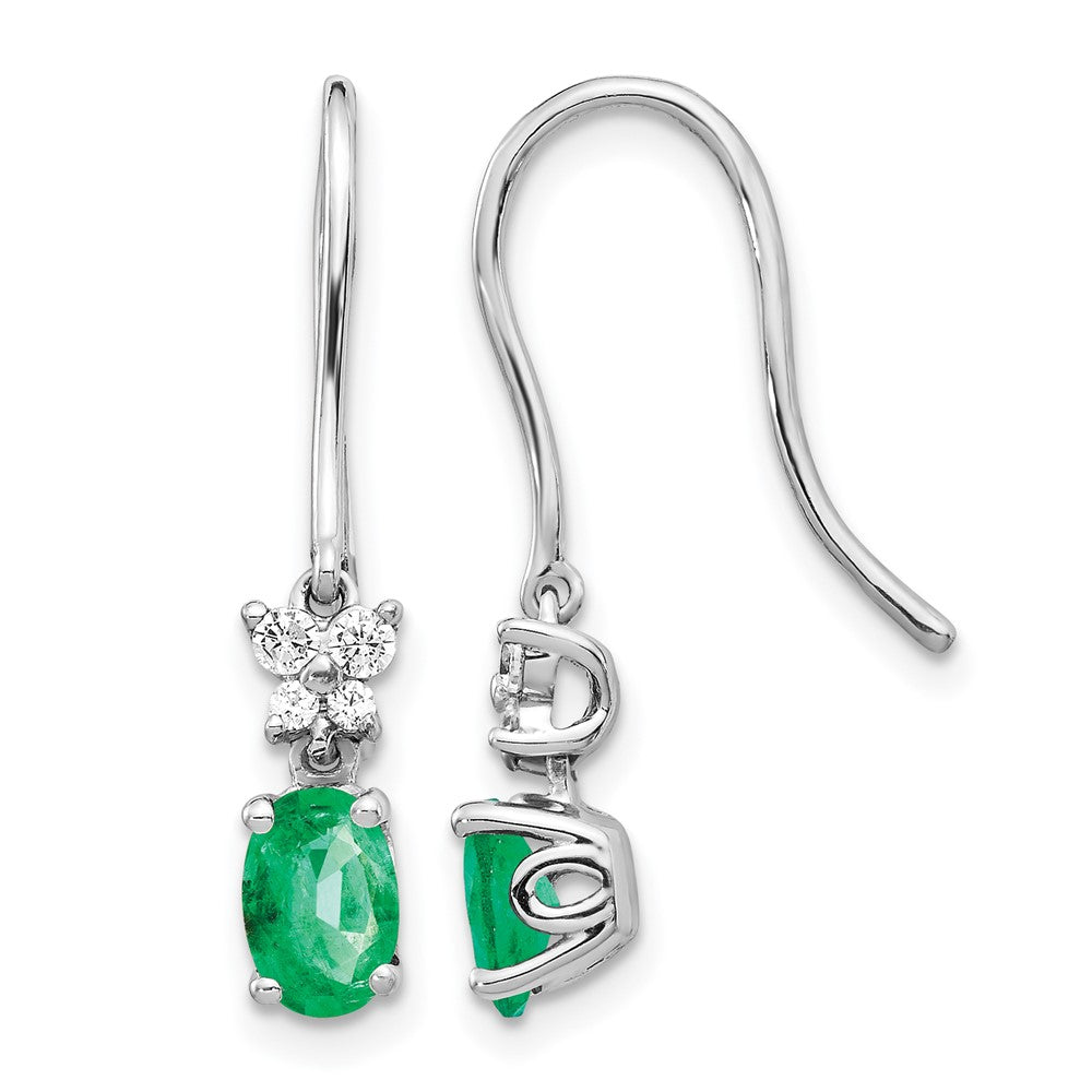 14k White Gold 6x4mm Oval Emerald and Diamond Shepherd Hook Earrings, 0.142 ct, 26 x 3 mm