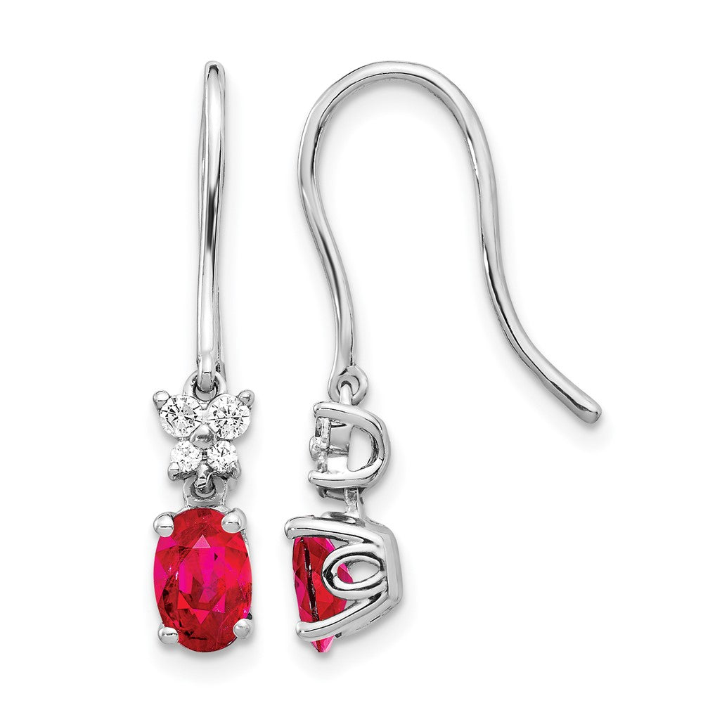 14k White Gold 6x4mm Oval Ruby and Diamond Shepherd Hook Earrings, 0.142 ct, 25 x 4 mm