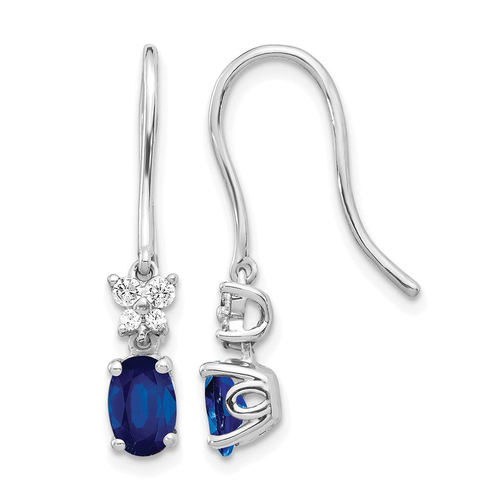14k White Gold 6x4mm Oval Sapphire and Diamond Shepherd Hook Earrings, 0.142 ct, 29 x 4 mm