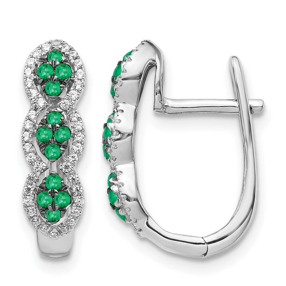 14k White Gold Emerald Cluster and Diamond Hinged Hoop Earrings, 0.552 ct, 18 x 5 mm