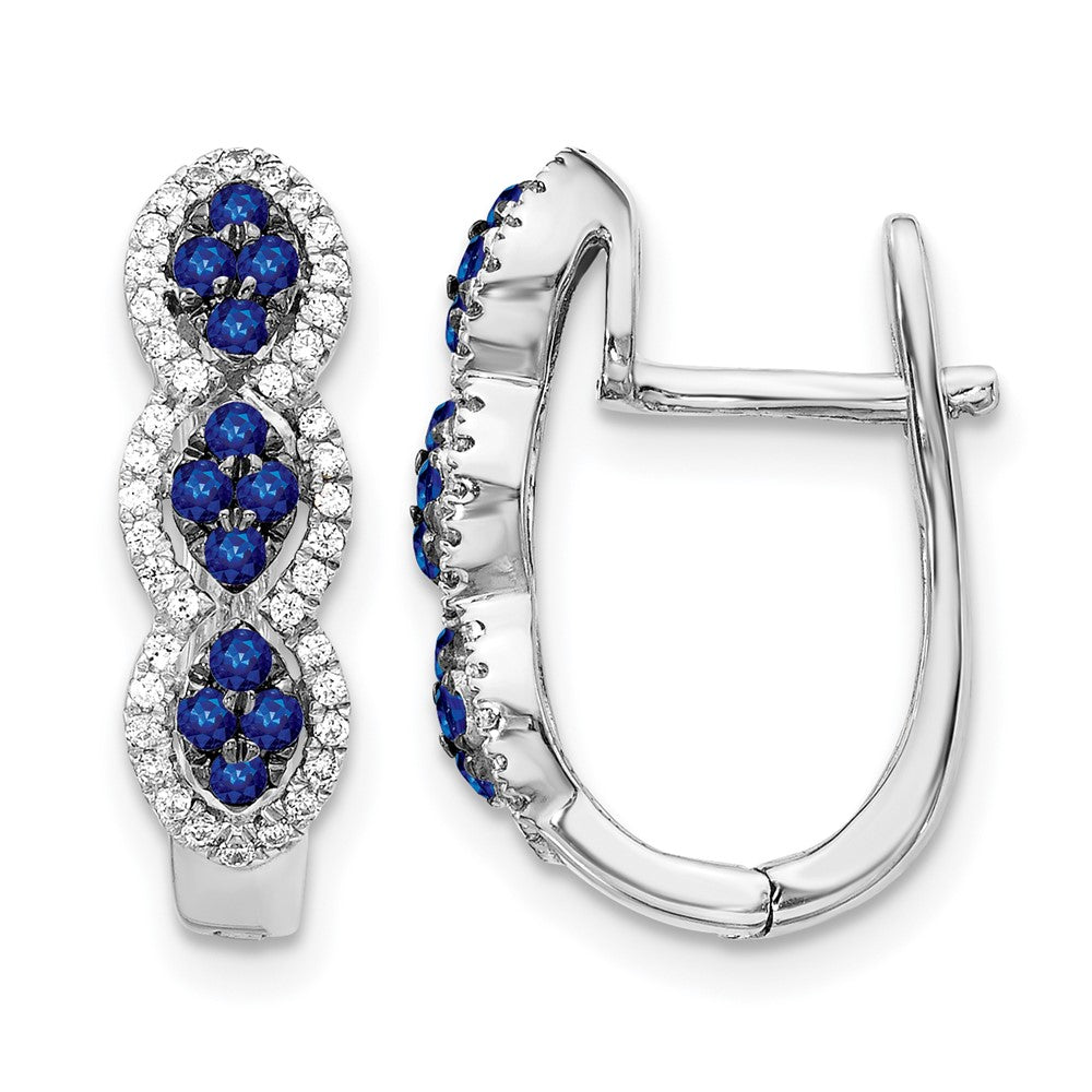 14k White Gold Blue Sapphire Cluster and Diamond Hinged Hoop Earrings, 0.864 ct, 18 x 5 mm
