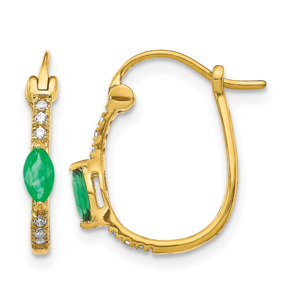 14k 1/20 carat Diamond and 5x2.5mm Marquise Emerald Oval Hoop Earrings, 0.28 ct, 15 x 2 mm