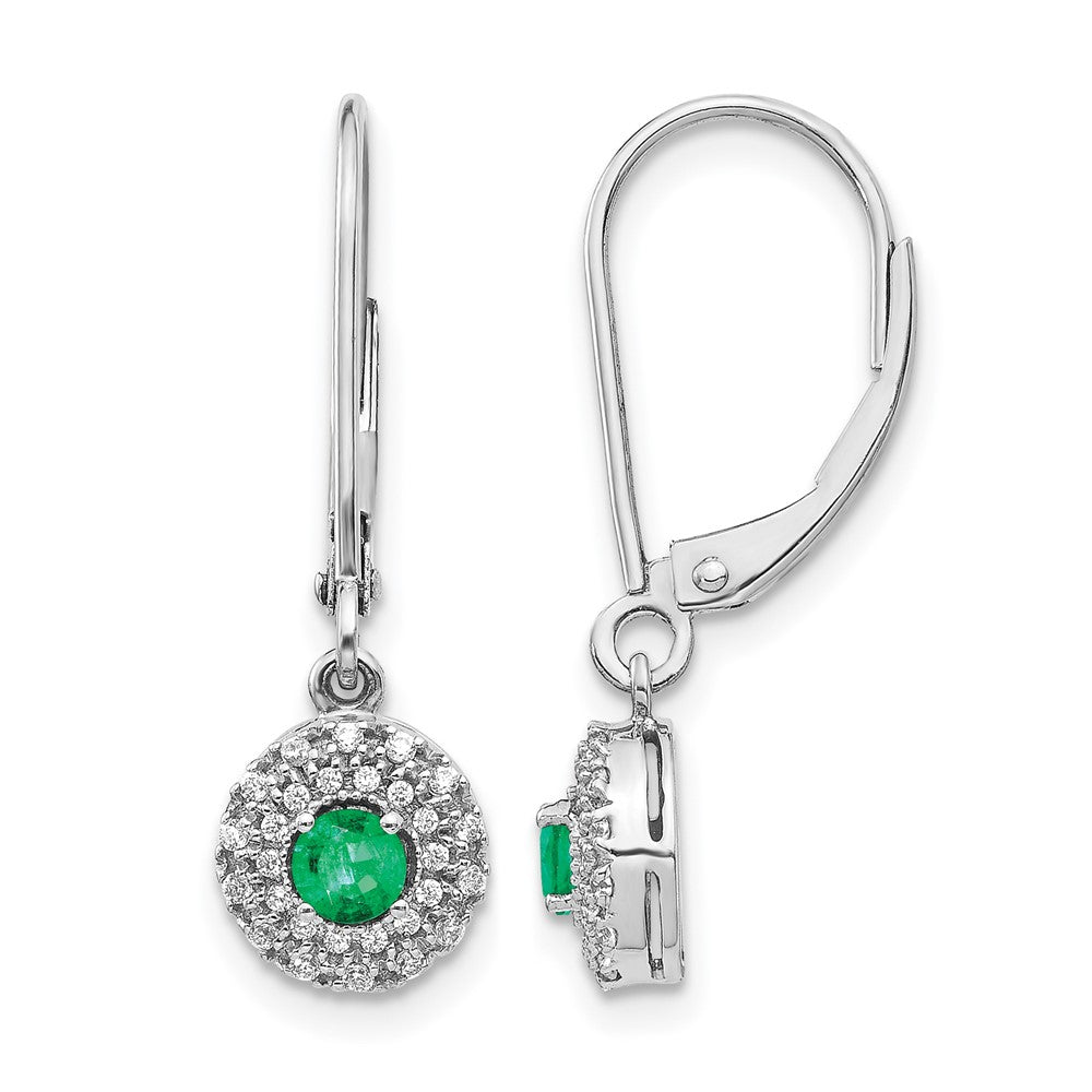 14k White Gold Diamond Halo and Emerald Leverback Dangle Earrings, 0.448 ct, 24 x 8 mm