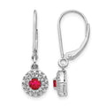 14k White Gold Diamond Halo and Ruby Leverback Dangle Earrings, 0.598 ct, 24 x 8 mm