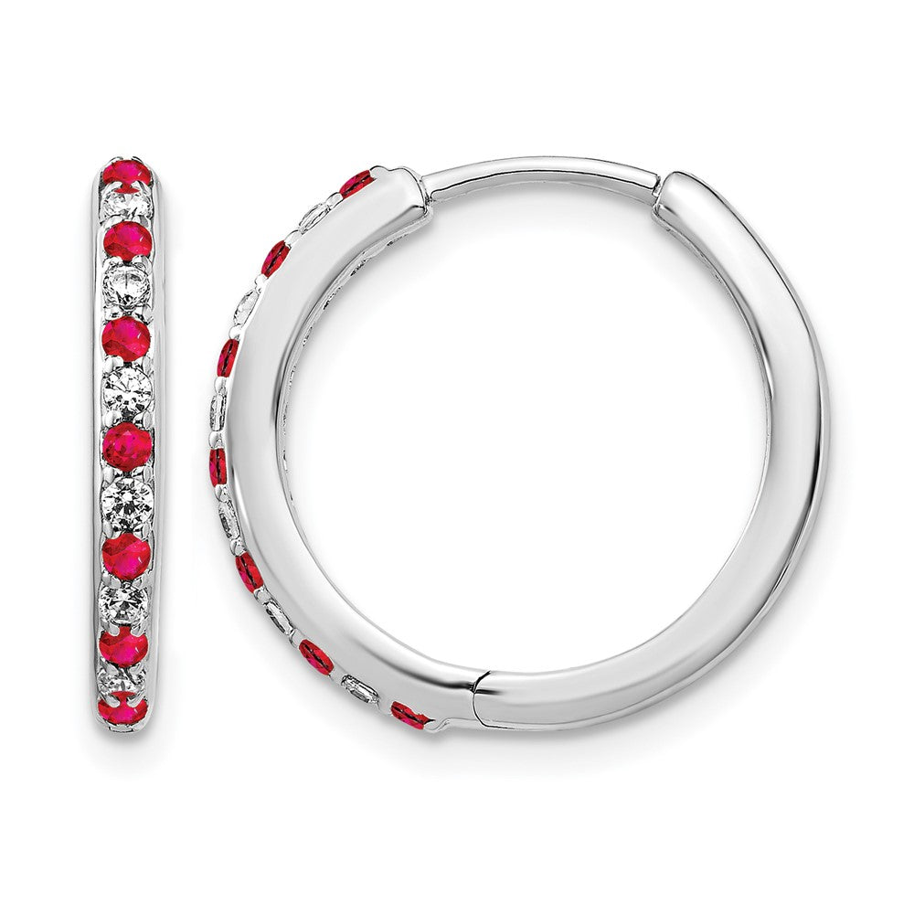 14k White Gold Diamond and Ruby 19mm Hinged Hoop Earrings, 0.39 ct, 18 x 19 mm