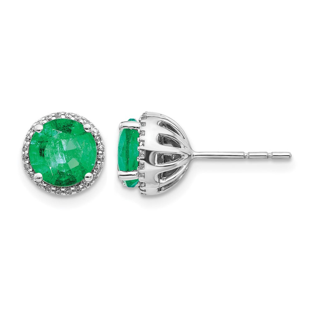 14k White Gold 6mm Round Emerald and Diamond Halo Post Earrings, 2.344 ct, 8 x 8 mm