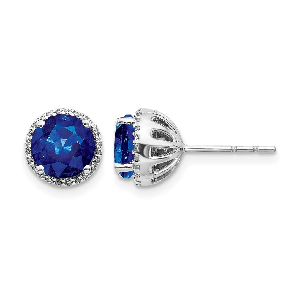 14k White Gold 6mm Round Sapphire and Diamond Halo Post Earrings, 2.49 ct, 8 x 8 mm