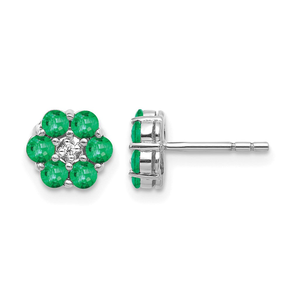 14k White Gold Polished Emerald and Diamond Floral Post Earrings, 0.586 ct, 6 x 6 mm