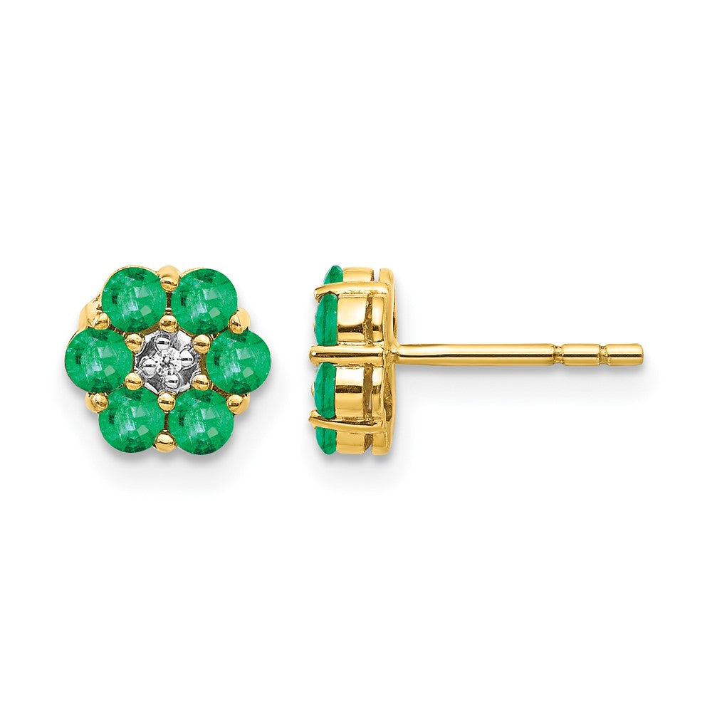 14k and White Rhodium Emerald and Diamond Floral Post Earrings, 0.586 ct, 6 x 6 mm