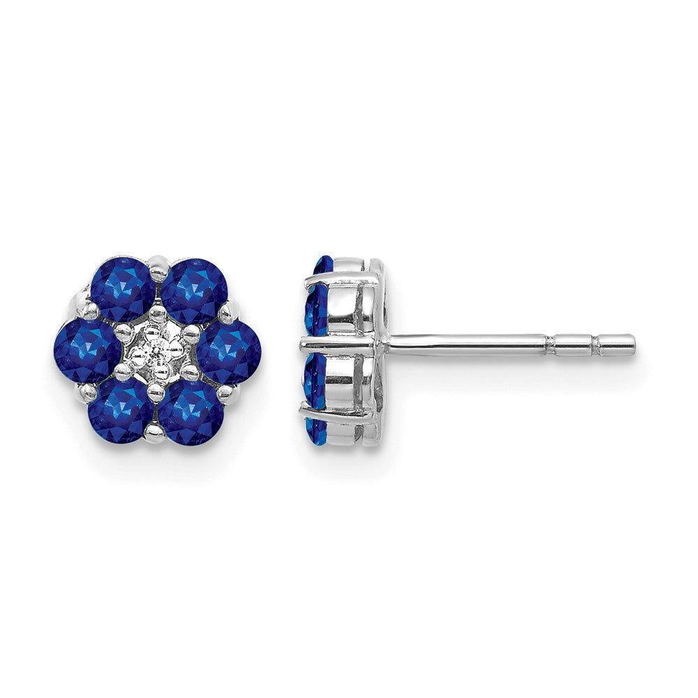 14k White Gold Polished Sapphire and Diamond Floral Post Earrings, 1.76 ct, 6 x 6 mm