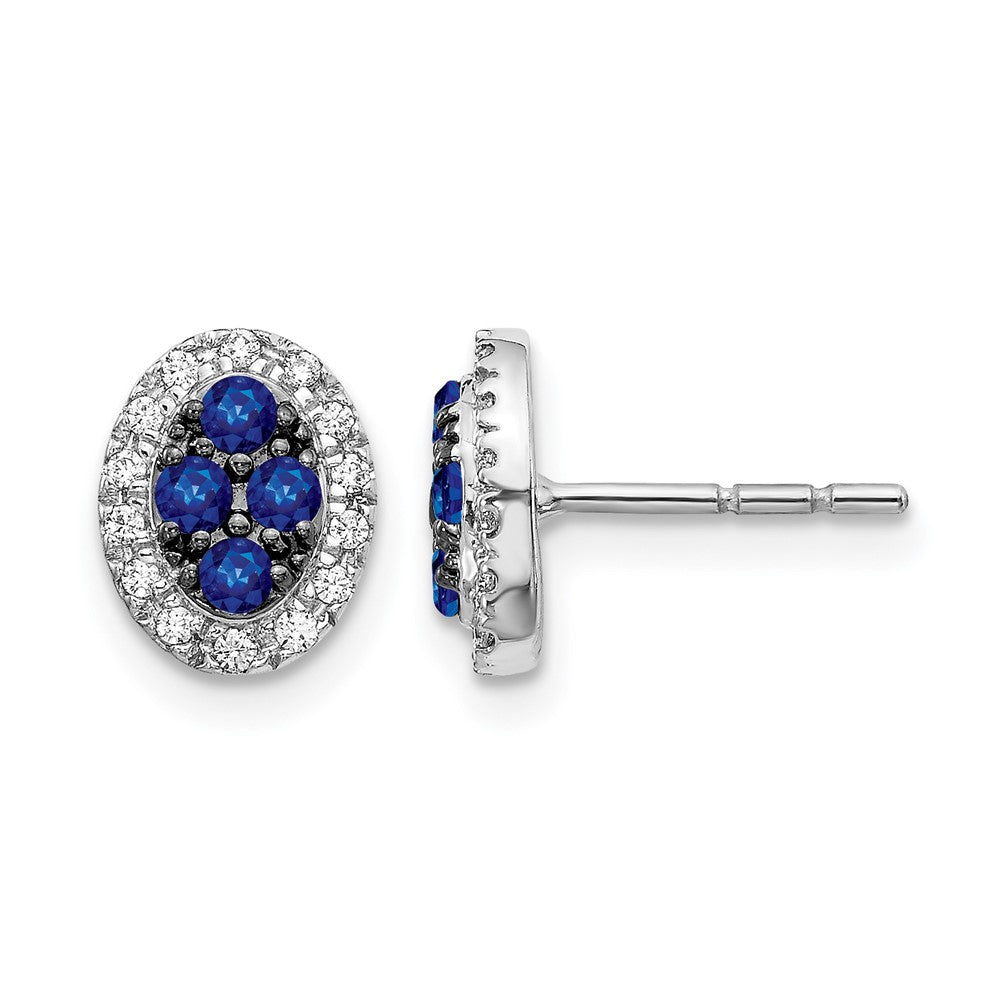 14k White Gold Sapphire Cluster and Diamond Halo Oval Post Earrings, 0.156 ct, 9 x 7 mm